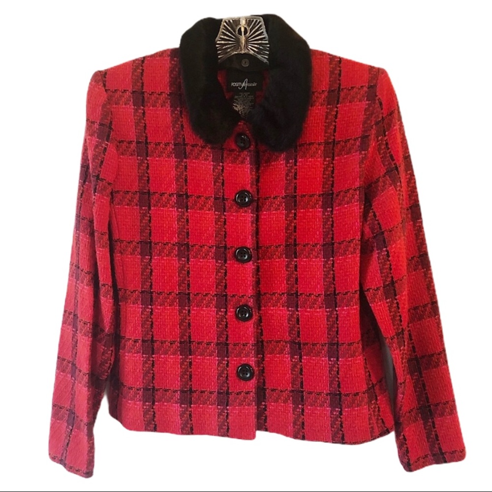 Positive Attitude Red Black Faux Fur Collar Jacket